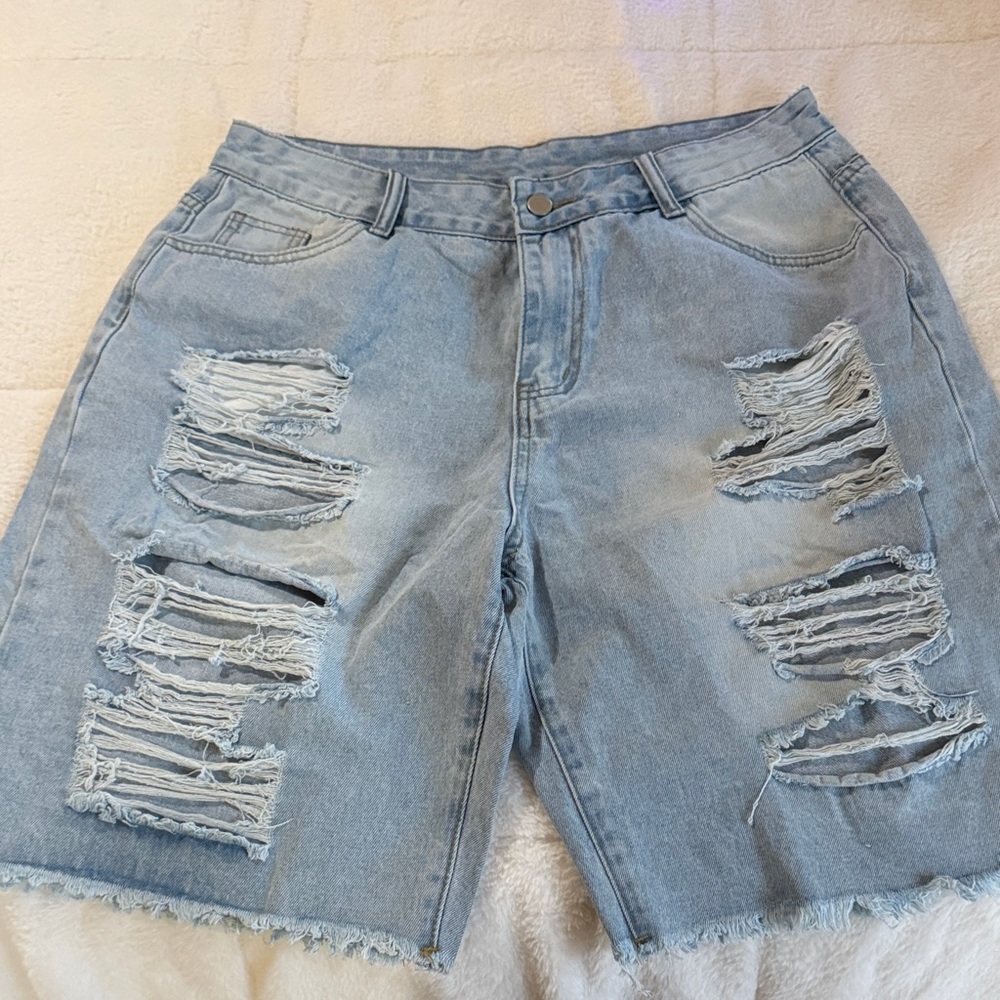 SHEIN Light Blue Distressed High-Waist Denim Shorts NWOT - Picture 3 of 3